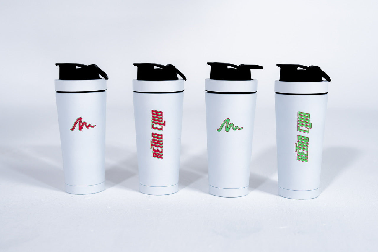 Retro Club stainless steel shaker bottle – matte white front view
